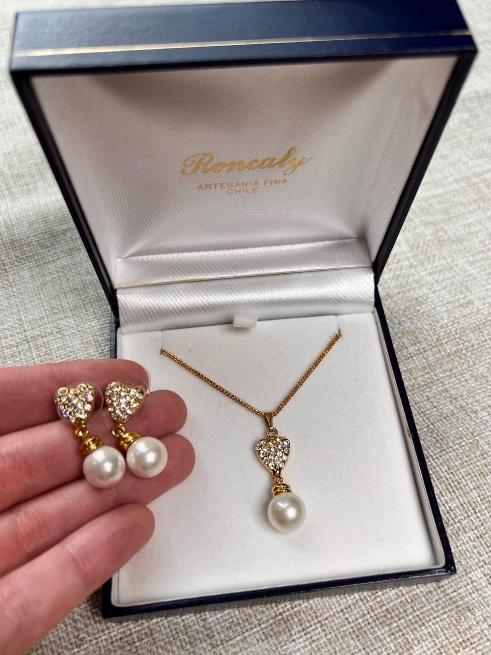 Gold and White Vintage Pearl and Heart Necklace and Earrings with Crystals